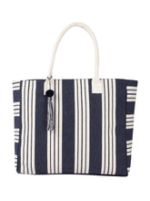 PRIMROSE Large Canvas Tote Bag, Navy Blue and White Striped Pattern, Decorative Tassel, Beach Shopping Handbag